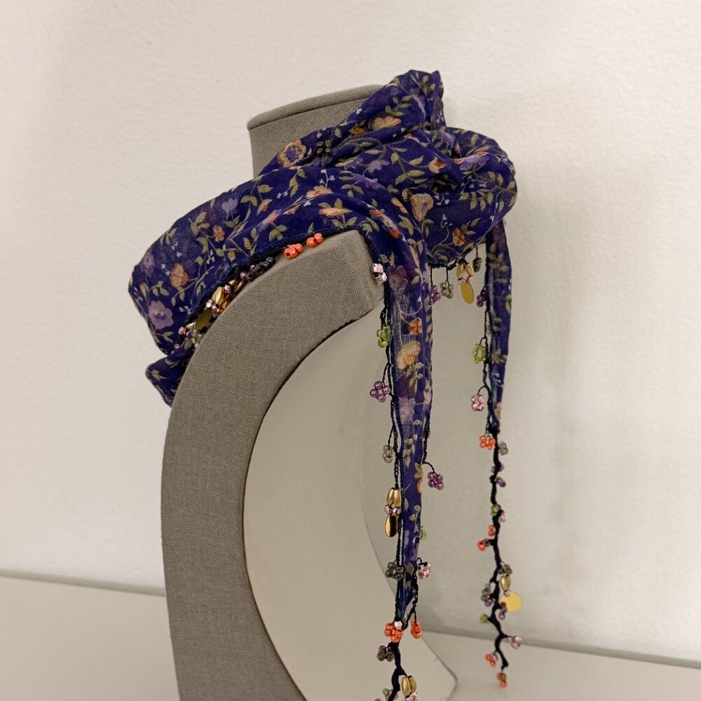 Traditional Turkish Oya Neck Violet  Scarf Bead & Needle Lace on Lawn Cotton - Picture 6 of 16